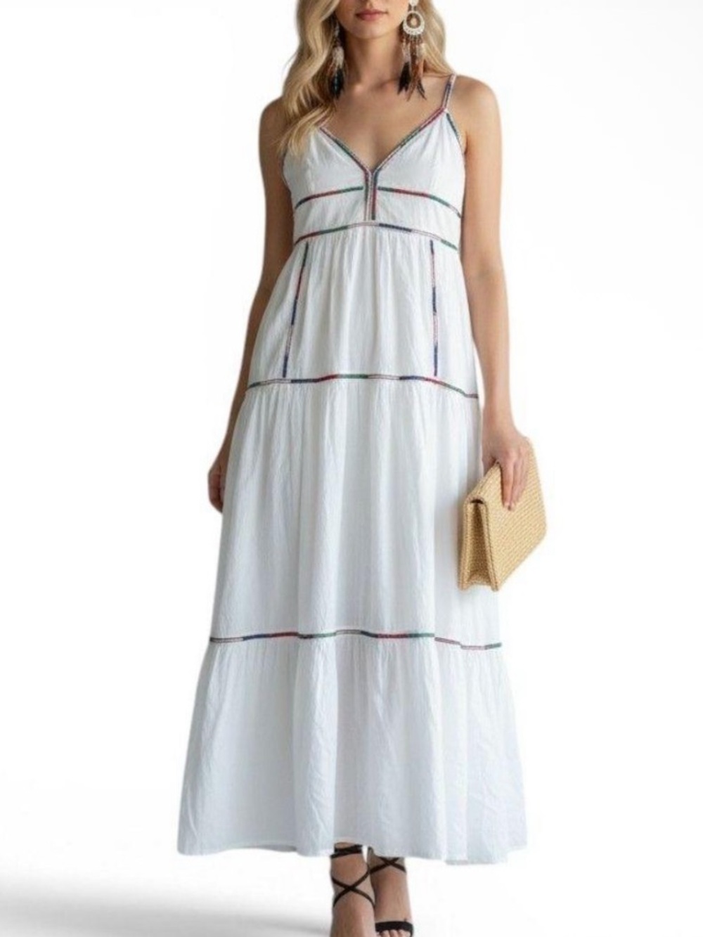 Caroline Constas womans boho White Tiered Maxi Dress with Contrast Trim size S